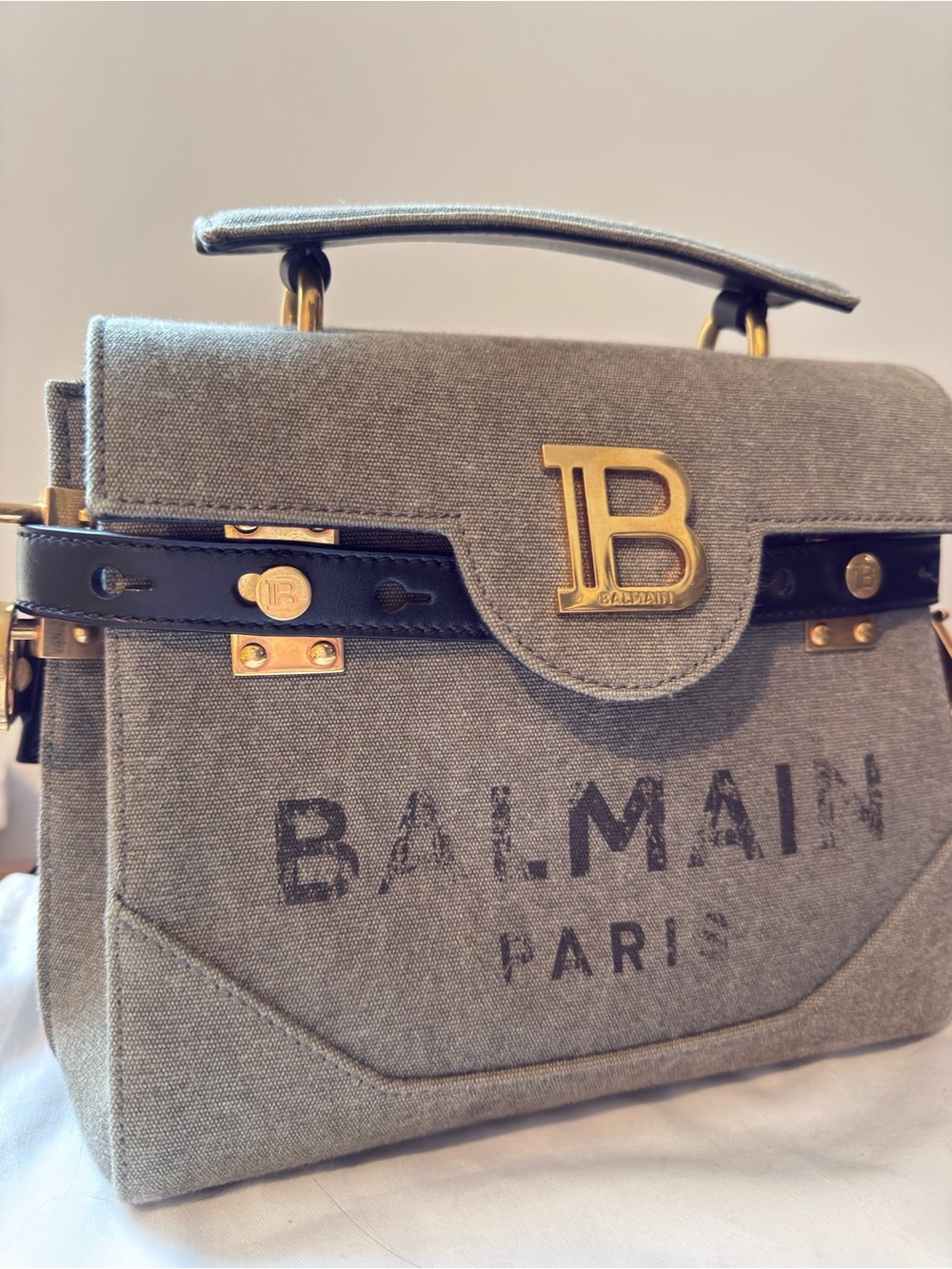 Balmain B Buzz Olive Canvas 23 Handbag with Black Leather Strap - Picture 2 of 9